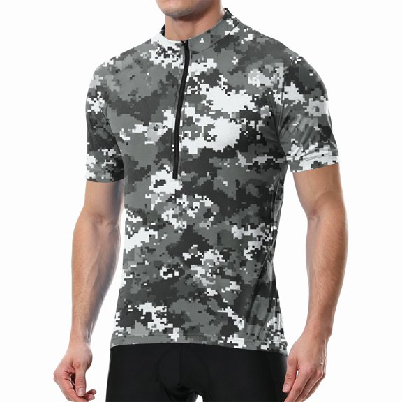 Fabrcox Camo Men Cycling Jersey with 3+1 Rear Zipper Pockets Short Sleeve Workout Shirt Men Upf 50+ Half Zip Breathable Outdoor Quick Dry Biking Shirt