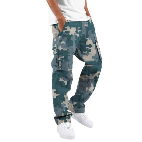 Fabrcox Camo Men's Cargo Pants Elastic Waist Mens Wide Leg Pants Breathable Outdoor Activities Hiking Men Work Pants with 4 Pockets Blue XXL
