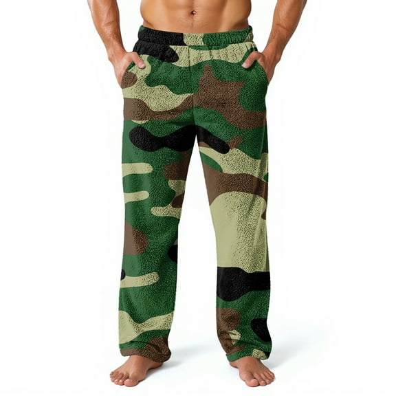 Fabrcox Camouflage Mens Flannel Pajama Pants Big and Tall Pajama Bottoms with Pockets Elastic Waist Winter Warm Casual Mid Waisted Home Pajama Bottoms Army Green S