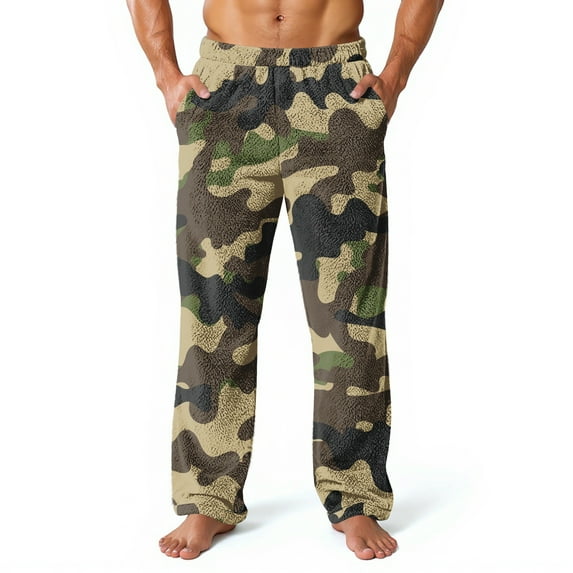 Fabrcox Camouflage Pajama Pants Men Big and Tall Pajama Bottoms with Pockets Elastic Waist Winter Warm Casual Mid Waisted Home Pajama Bottoms Camel L