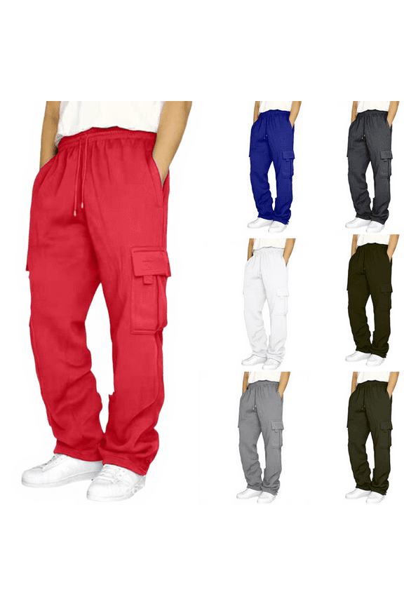 Cargo Pants Men Drawstring Straight Leg Trousers with Pockets Casual Lightweight Fall Spring Joggers Red XL