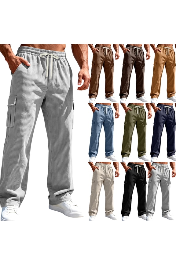 Cargo Sweatpants for Men Baggy Open Bottom Big and Tall Sweatpants Corduroy Elastic Waist Athletic Pants with Pocket(Navy,L)
