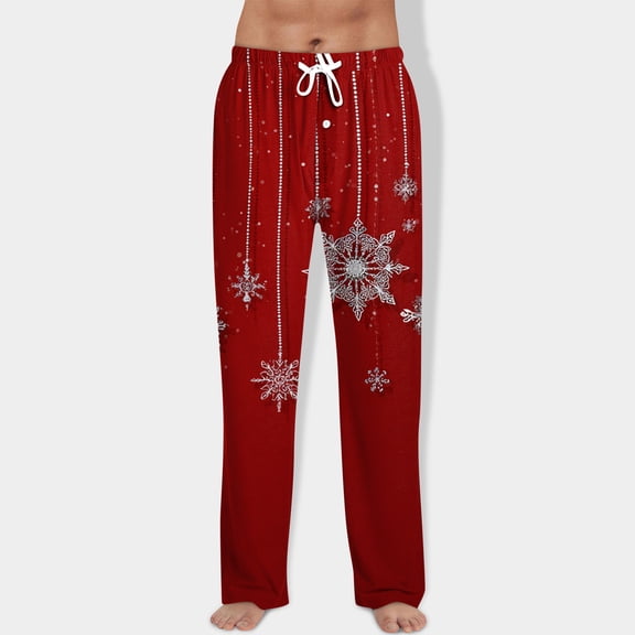 Fabrcox Christmas Elk Printed Printed Pajama Pants for Men Elastic Waist Drawstring Lounge Bottoms Straight Leg Casual Comfy Sleepwear with Pockets Deep Red L