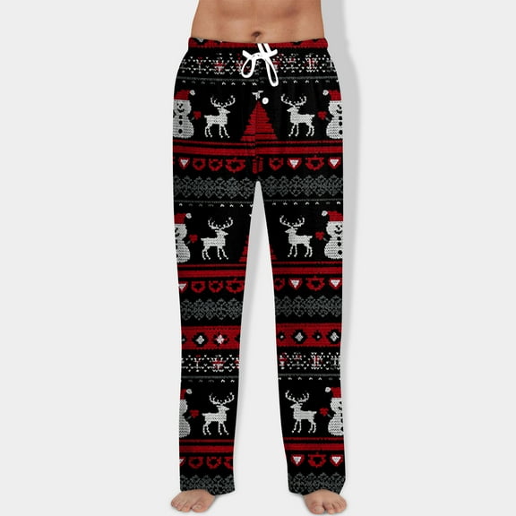 Fabrcox Christmas Elk Printed S-2xl Men's Slim Fit Pajama Pants Elastic Waist Drawstring Lounge Bottoms Straight Leg Light Weight Women Loungewear with Pockets Black XXL