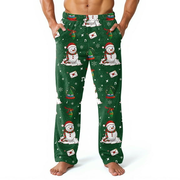 Fabrcox Christmas Flannel Pajamas Bottoms for Men Big and Tall Straight Leg Elastic Waist Christmas Snowflake Santa Claus Casual Trendy Cozy Christmas Sleepwear Bottoms Green XL