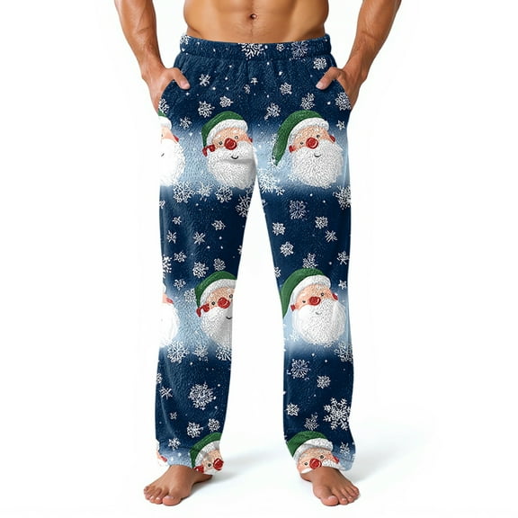 Fabrcox Christmas Flannel Pj Pants for Men Big and Tall Thick Warm Wide Leg Fall Winter Pajama Pants with Pockets Mid Rise Casual Elastic Waist Christmas Pajama Pants Light Blue L