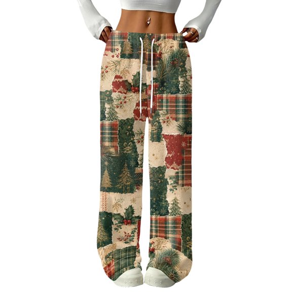 Fabrcox Christmas Funny Printed Fleece Pajama Pants Women Fluffy Thicken Soft Womens Sleep Pants Fall Winter Warm Funny Merry Xmas Holiday Elastic Waist Wide Leg Lounge Pants for Women