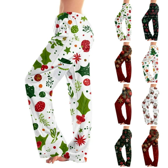 Fabrcox Christmas Graphic Pj Pants for Women Slim Fit Christmas Tree Printed Drawstring Wide Leg Lounge Long Bottoms Gray L