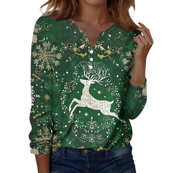 Fabrcox Christmas Henley T Shirts Womens Graphic Christmas Snowman Print V Neck Long Sleeve Fall Spring Tops Casual Basic Tees Pullover Shirt Green L