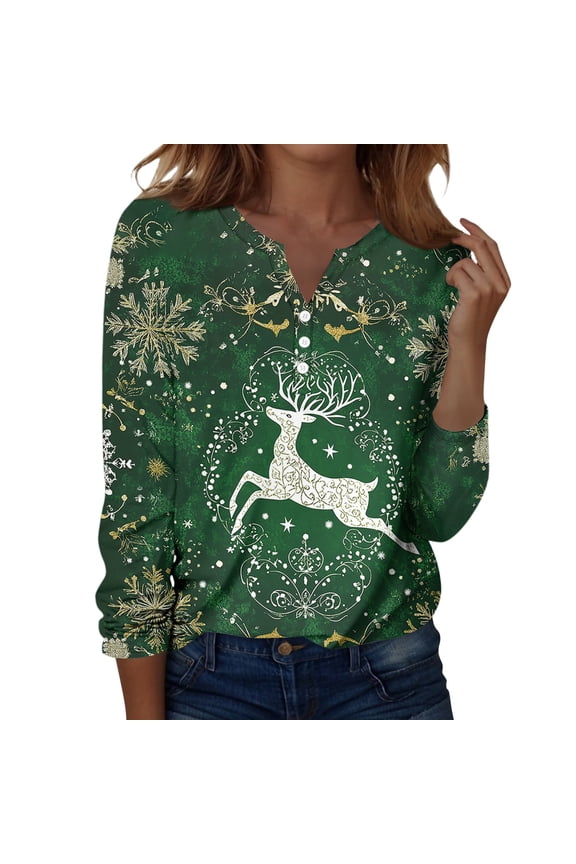 Christmas Henley T Shirts Womens Graphic Christmas Snowman Print V Neck Long Sleeve Fall Spring Tops Casual Basic Tees Pullover Shirt Green L