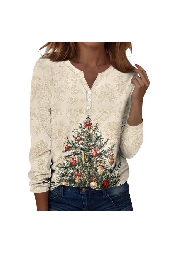 Christmas Henley T Shirts Womens Graphic Christmas Tree Print V Neck Long Sleeve Fall Spring Tops Casual Basic Tees Pullover Shirt Beige L