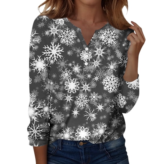 Fabrcox Christmas Henley V Neck Graphic Shirts for Women Christmas Xmas Santa Claus Print V Neck Long Sleeve Fall Spring Tops Casual Basic Tees Pullover Shirt Black L