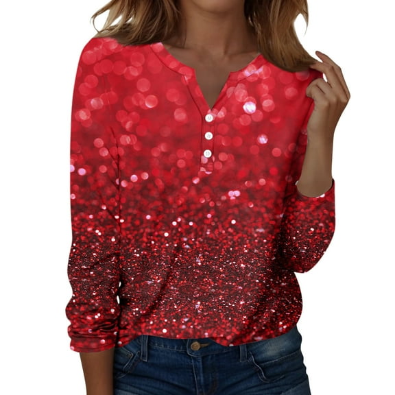 Fabrcox Christmas Henley V Neck T Shirts for Women Christmas Snowflake Print V Neck Long Sleeve Fall Spring Tops Casual Xmas Holiday Tunic Shirts Red XL