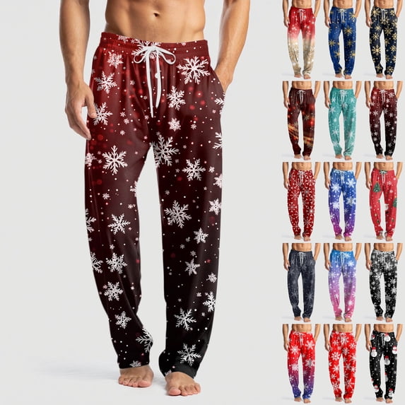 Fabrcox Christmas Home Pajamas Bottoms for Men Christmas Snowflake Printed Drawstring Pj Pants with Pockets Casual Elastic Waist Straight Leg Lounge Bottoms, Navy M