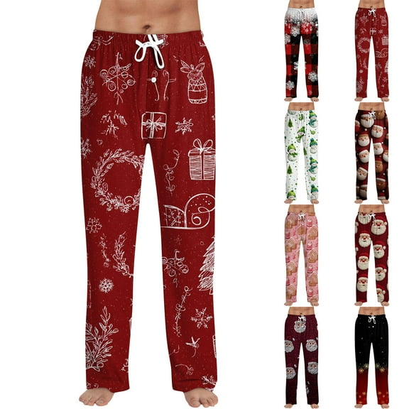 Fabrcox Christmas Loose Fit Pajama Pants for Men Wide Leg Baggy Elastic Waist Pj Pants with Pockets Casual Snowflake Printed Drawstring Pajama Bottoms Wine M