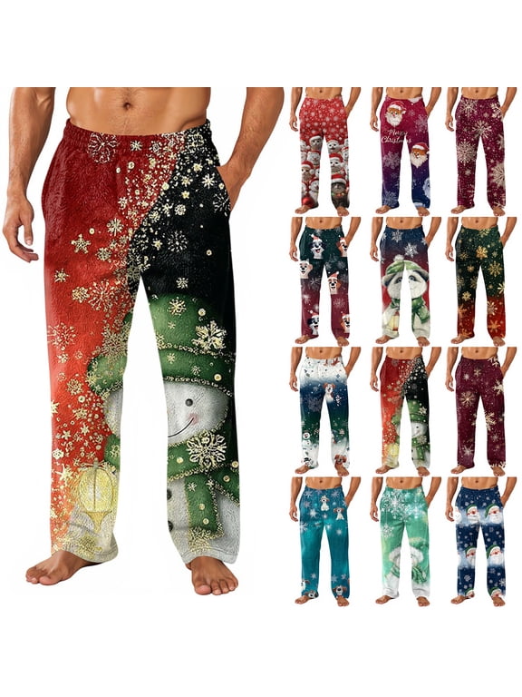 Christmas Men's Flannel Pajama Pants Straight Leg Elastic Waist Christmas Snowflake Santa Claus Casual Christmas Baggy Bottoms Pants Red XL