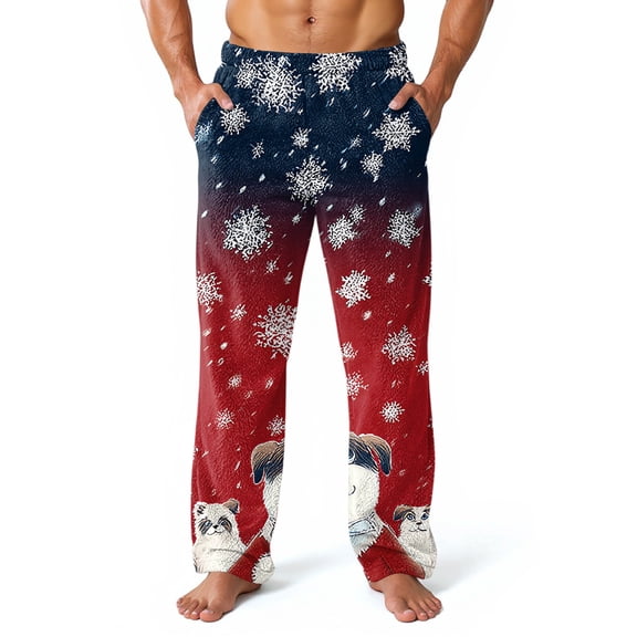 Fabrcox Christmas Men's Flannel Pajamas Bottoms Winter Warm Elastic Waist Christmas Snowflake Santa Claus Casual Christmas Baggy Bottoms Pants Navy L