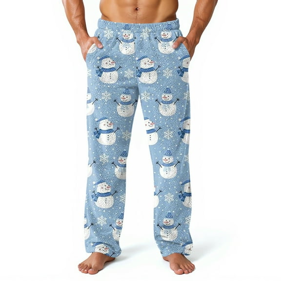 Fabrcox Christmas Men's Flannel Pj Bottoms Straight Leg Elastic Waist Christmas Tree Xmas Casual Christmas Baggy Bottoms Pants Light Blue S