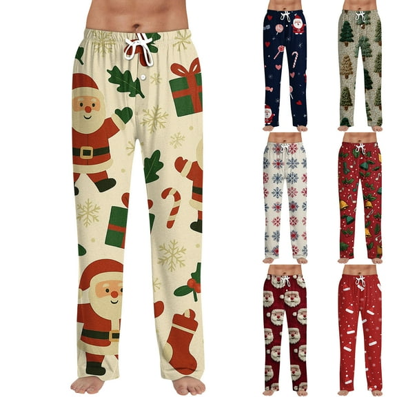 Fabrcox Christmas Mens Fall Spring Pajama Pants Wide Leg Baggy Elastic Waist Pj Pants with Pockets Casual Santa Claus Printed Drawstring Pajama Bottoms Red S