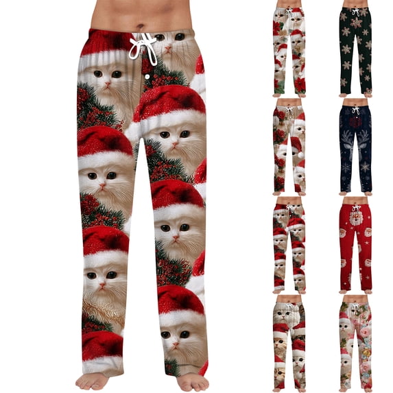 Fabrcox Christmas Mens Pajama Pants Wide Leg Baggy Elastic Waist Pj Pants with Pockets Casual Snowman Printed Drawstring Pajama Bottoms Vermilion XL