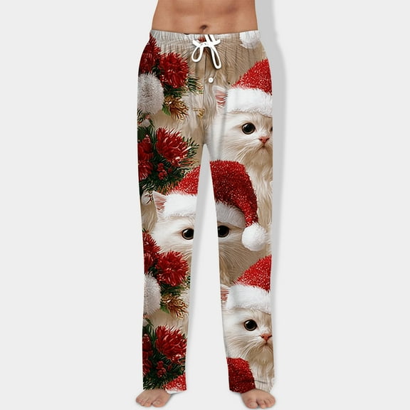 Fabrcox Christmas Pajama Pants for Men Big and Tall Straight Leg Elastic Waist Pj Pants with Pockets Casual Snowman Printed Drawstring Pajama Bottoms Watermelon Red XXL