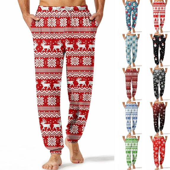 Fabrcox Christmas Pajama Pants for Men Big and Tall Tree Snowflake Reindeer Printed Loose Fit Lounge Bottoms Casual Baggy Comfy Loose Sleepwear Pj Pants, Red 3XL