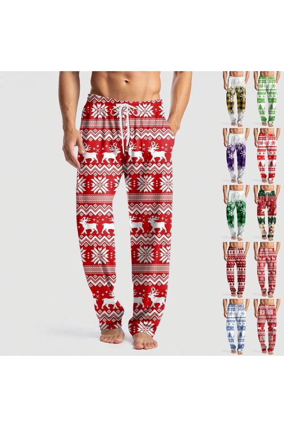 Christmas Pajama Pants for Men Christmas Snowflake Printed Drawstring Pj Pants with Pockets Casual Elastic Waist Straight Leg Lounge Bottoms, Red 3XL