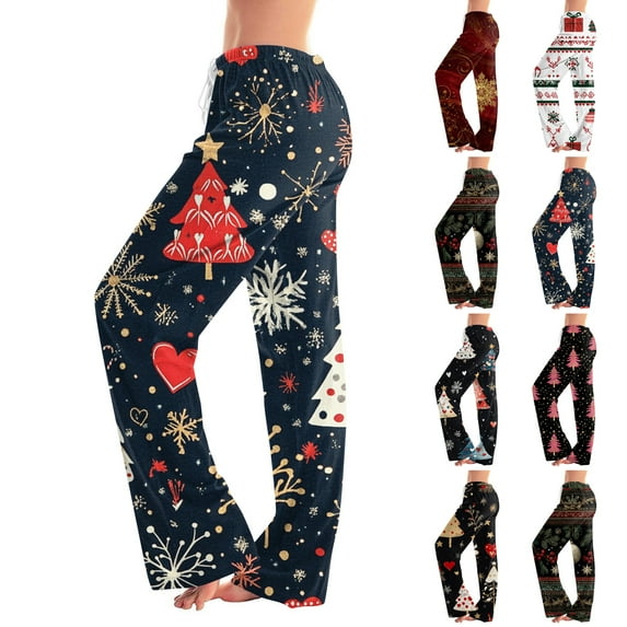 Fabrcox Christmas Pajamas Bottoms for Women Slim Fit Christmas Snowman Printed Drawstring Wide Leg Lounge Long Bottoms Dark Blue M