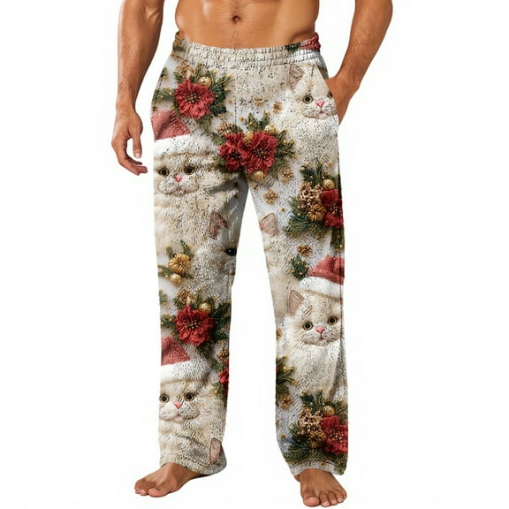 Fabrcox Christmas Pj Bottoms for Men Xmas Cute Print Flannel Sleep Lounge Pants Big and Tall Casual Winter Elastic Waist Pajama Bottoms with Pockets Light pink M