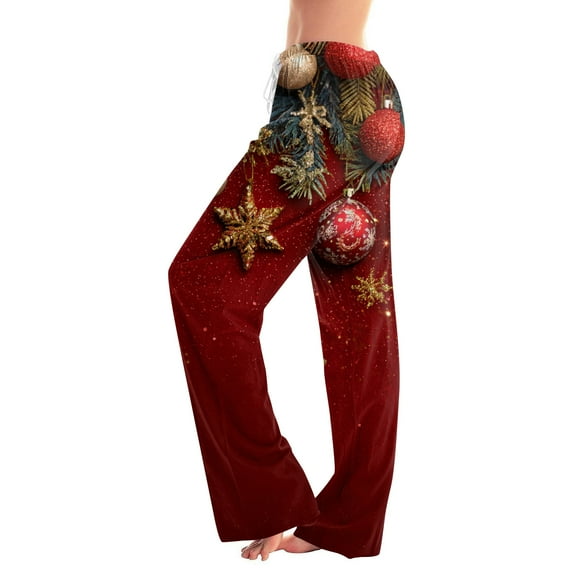 Fabrcox Christmas Pj Bottoms for Women Loose Fit Christmas Tree Printed Drawstring Lightweight Women Loungewear Deep Red L