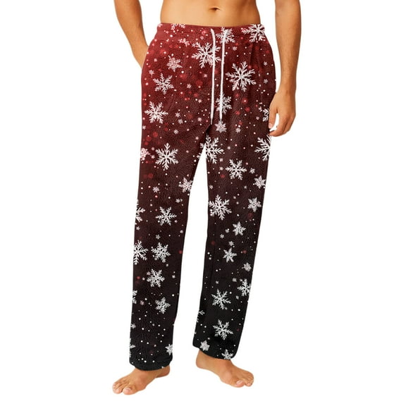 Fabrcox Christmas Pj Pants for Men Big and Tall Wide Leg Warm Pj Bottoms Christmas Snowman Printed Soft and Comfortable Christmas Lounge Pants Wine L