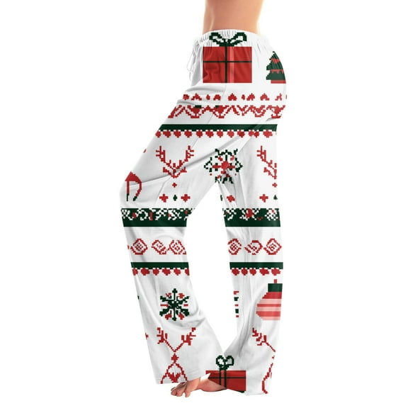 Fabrcox Christmas Print Pajama Pants Women Slim Fit Christmas Tree Printed Drawstring Wide Leg Lounge Long Bottoms White M