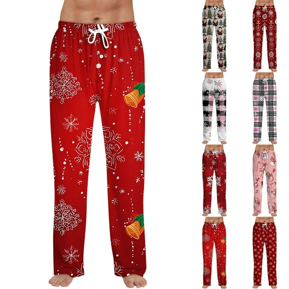 Fabrcox Christmas Tree Printed Graphic Slim Fit Pj Bottoms for Men Elastic Waist Drawstring Lounge Bottoms Straight Leg Casual Home Soft Pj Pants with Pockets Red XXL