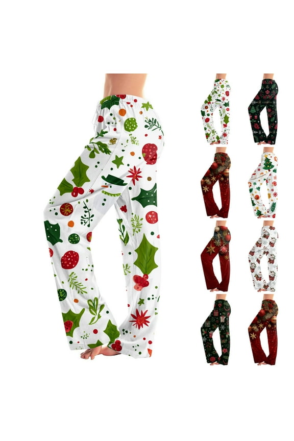 Christmas Women Pajama Pants Sleepwear Loose Fit Christmas Tree Printed Drawstring Wide Leg Lounge Long Bottoms Gray M