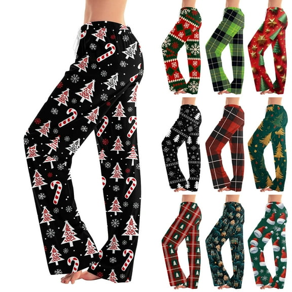 Fabrcox Christmas Women Pj Bottoms Wide Leg Drawstring Sleep Lounge Pants Mid Waisted Casual Christmas Tree Printed Pajama Bottoms Red 3XL