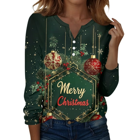 Fabrcox Christmas Women T Shirts Henley Christmas Snowflake Print V Neck Long Sleeve Fall Spring Tops Casual Xmas Holiday Tunic Shirts Green XL