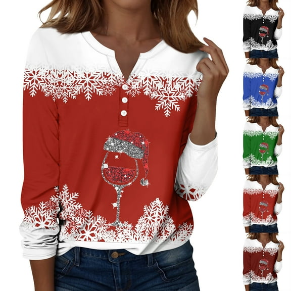 Fabrcox Christmas Womens Graphic T Shirts Henley Christmas Snowman Print V Neck Long Sleeve Fall Spring Tops Holiday Tunic Lightweight Basic Tops Red S