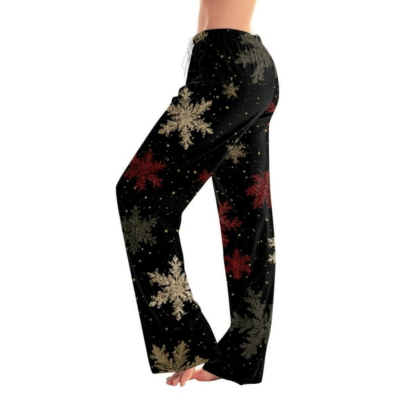 Fabrcox Christmas Womens Red Pj Pants Loose Fit Christmas Tree Printed Drawstring Wide Leg Lounge Long Bottoms Black XXL