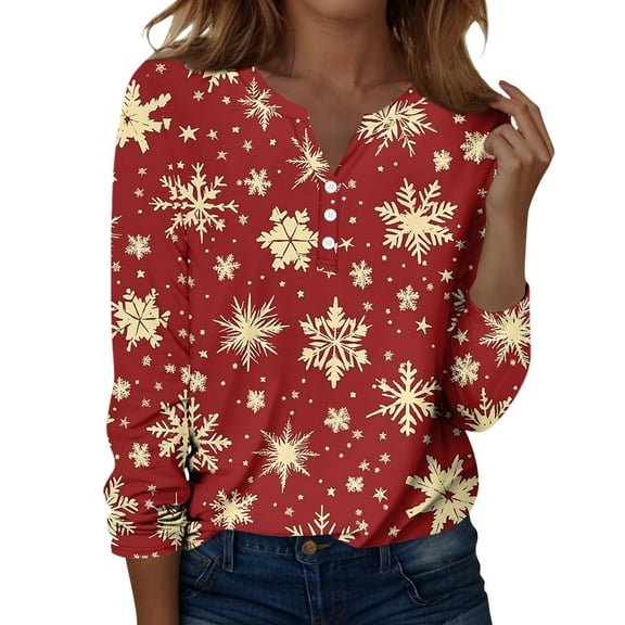 Fabrcox Christmas Womens T Shirts Graphic Henley Christmas Snowman Print V Neck Long Sleeve Fall Spring Tops Casual Basic Tees Pullover Shirt Vermilion XL