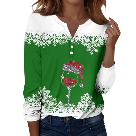 Fabrcox Christmas Womens T Shirts Henley Christmas Xmas Santa Claus Print V Neck Long Sleeve Fall Spring Tops Casual Xmas Holiday Tunic Shirts Green S