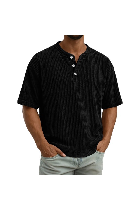 Corduroy Shirts Men Short Sleeve Men Henley Shirt 3 Button V Neck Breathable Outdoor Workout Running Big and Tall T Shirts for Men Black L