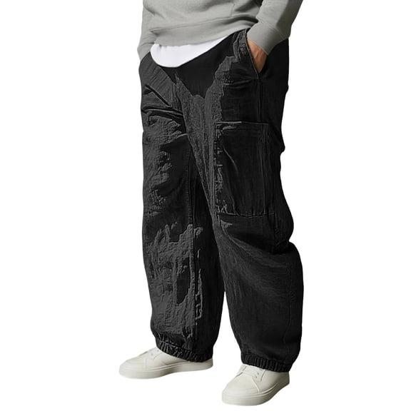 Fabrcox Cotton Linen Pants for Men Elastic Waist and Ankle Drawstring Baggy Style Lightweight Breathable Beach Pants(Black,S)
