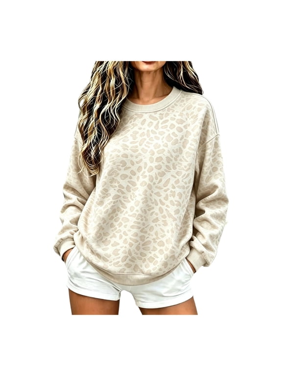 Crewneck Sweatshirts Women Leopard Print Oversized Graphic Sweatshirt for Women Long Sleeve Vacation Lounge Soft Y2k Trendy Fall Sweatshirts for Women Pullover White L