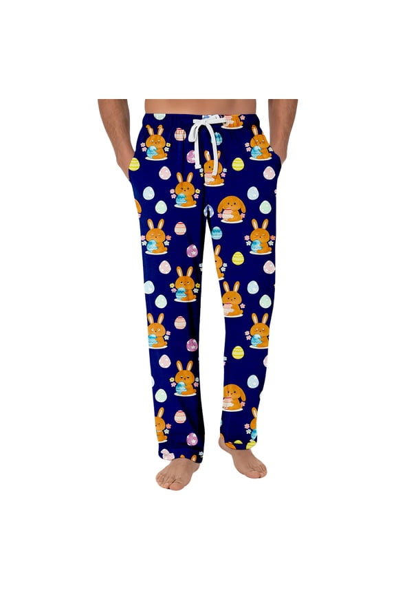 Easter Mens Pj Pants Egg Rabbit Bunny Straight Leg Mens Sleeping Pants Comfy Drawstring Mens Trousers Casual Pants with Pockets