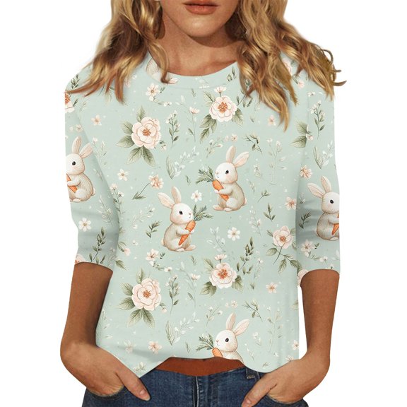 Fabrcox Easter Shirts for Women Bunny Rabbit Graphic Crew Neck 3/4 Sleeve T Shirts for Women Spring Summer Plus Size Women Shirts