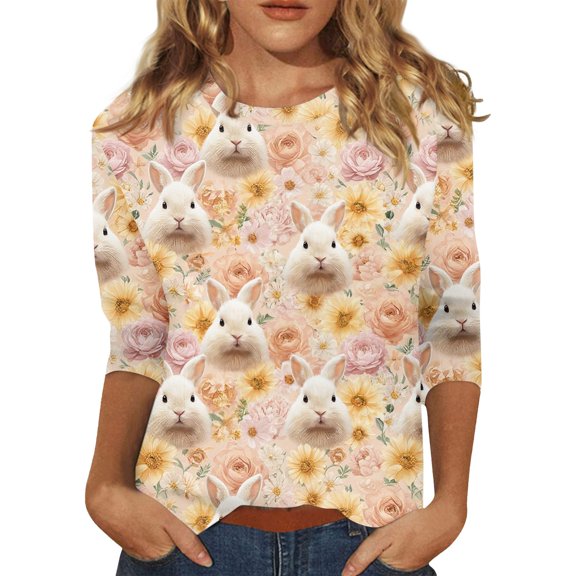 Fabrcox Easter Shirts for Women Bunny Rabbit Graphic Crew Neck 3/4 Sleeve T Shirts for Women Spring Summer Women Shirts Plus Size
