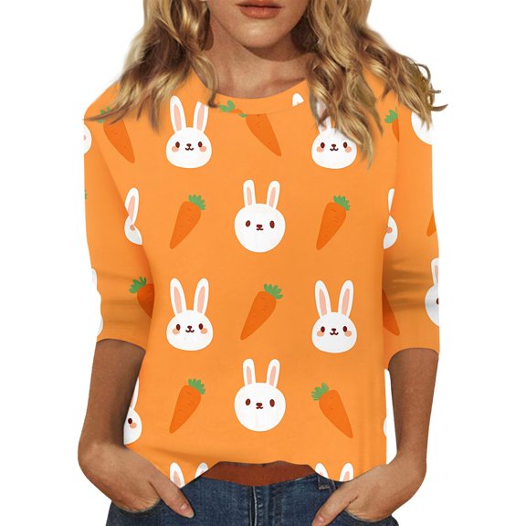 Fabrcox Easter Shirts for Women Bunny Rabbit Graphic Crew Neck Womens 3/4 Sleeve Shirts Spring Summer Shirts Plus Size Women