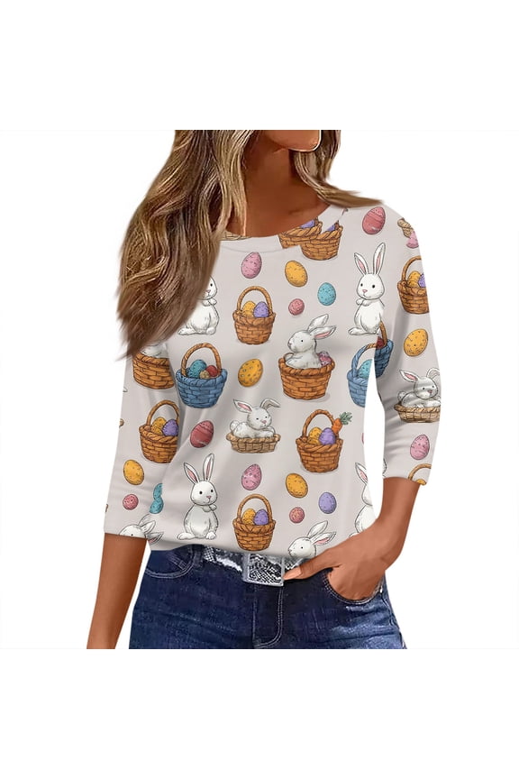 Easter Top Women Egg Bunny Hunt Print Womens 3/4 Sleeve Top Fitted Round Neck Fashion Holiday Spring Summer Womens Blouse