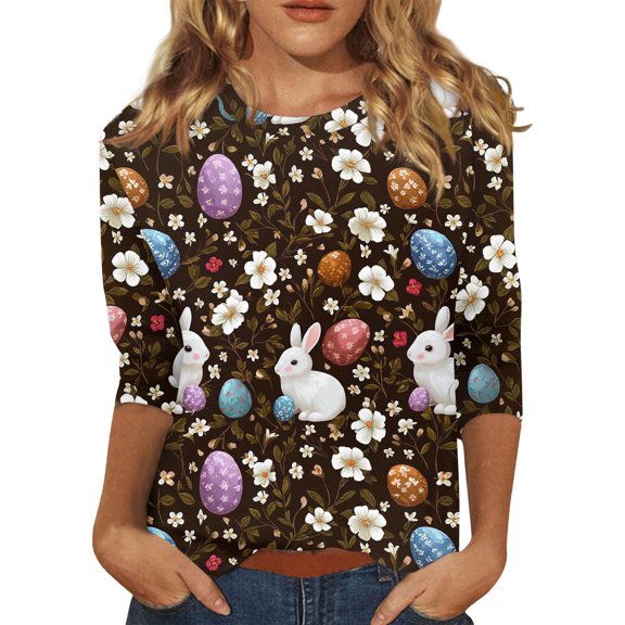 Fabrcox Easter Tshirts Shirts for Women Bunny Rabbit Graphic Crew Neck Ladies 3/4 Length Sleeve Tops Spring Summer Women Plus Size Top