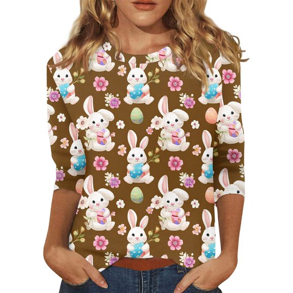 Fabrcox Easter Tshirts Shirts for Women Bunny Rabbit Graphic Crew Neck Women's Tops 3/4 Sleeve Spring Summer Womens Tops Plus Size